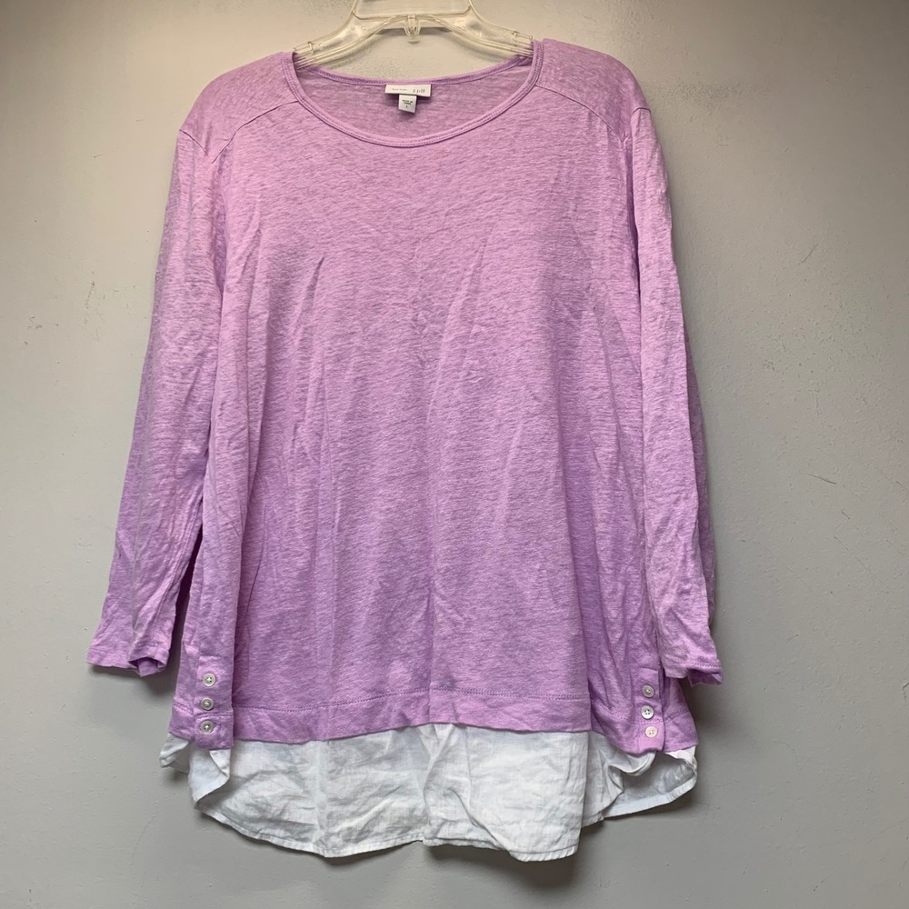 J. Jill Love Linen Top Womens L Purple Excellent Layered Hem Long Sleeve Tunic